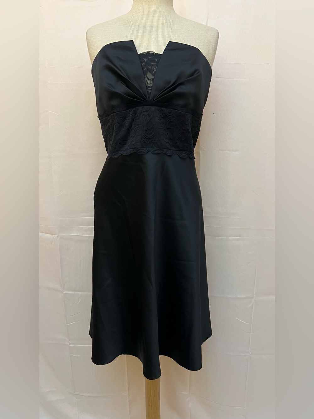 White House Black Market Black strapless Satin Dress with Lace Bodice